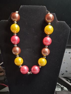 Colorful Pearl Bead Necklace in Yellow, Pink and Brown